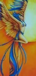 Fantasy angel with colorful wings in front of a bright sun.