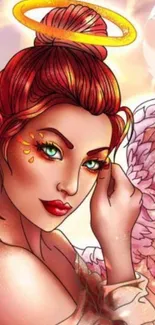 Artistic wallpaper of an angelic figure with red hair, wings, and a halo.