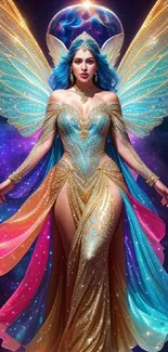 Majestic angel with colorful wings in a cosmic fantasy setting.