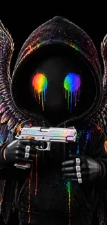 Hooded angel with vibrant colorful wings and glowing eyes on a black background.