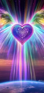 Vibrant angelic heart above Earth with colorful celestial lights