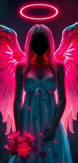 A vibrant neon angel with pink wings and halo, holding flowers.