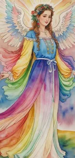 Watercolor painting of an angel with rainbow wings and dress.