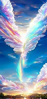 Colorful angelic wings in a radiant sky setting.