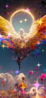 Ethereal angel with vibrant wings in mystical dreamscape.