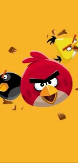 Vibrant Angry Birds mobile wallpaper with colorful characters on a yellow background.