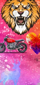 Colorful wallpaper with lion, motorcycle, heart, and nature scene.