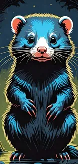 Cartoon illustration of a charming blue ferret in a whimsical style.