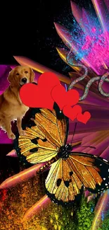 Vibrant wallpaper with butterfly, dog, and hearts.