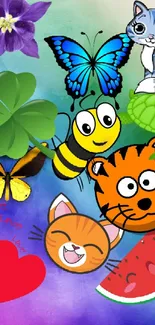 Cartoon animals and butterfly on colorful background.