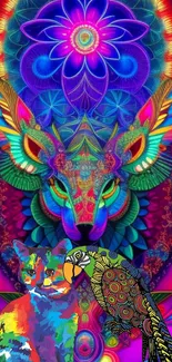 Psychedelic animal wallpaper with vibrant colors featuring a fox, cat, and bird.