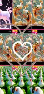 Vibrant wallpaper with deer, peacocks, ducks, and hearts in a colorful fantasy design.