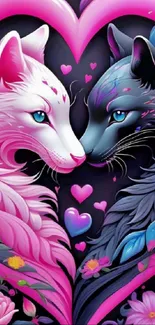 Vibrant wolves in a heart with pink and blue floral accents.