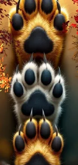 Colorful wallpaper featuring animal paws and autumn leaves.