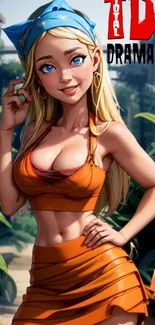 Vibrant animated character in orange outfit, set against lush greenery.