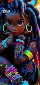 Colorful animated character with vibrant accessories and tattoos.