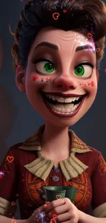 Animated character with vibrant green eyes and a captivating smile.