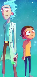 Animated duo with teal galaxy background.