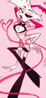 Pink animated character with a playful pose on a vibrant background.