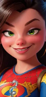 Charming animated character with green eyes in superhero outfit.