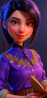 Vibrant animated character in purple attire.