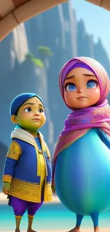 Vibrant animated duo in a colorful fantasy setting.