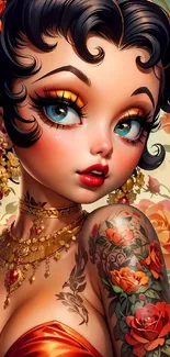 Animated character with floral tattoos and intricate jewelry in vibrant colors.