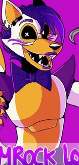 Animated fox with vibrant purple background and bold design.