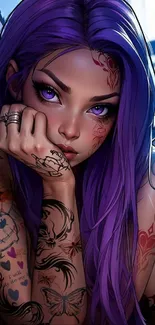 Animated girl with purple hair and tattoos, vibrant art wallpaper.