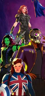 Colorful animated superheroes on a cosmic purple background.