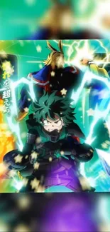 Anime hero surrounded by vibrant energy and colors in an action-filled scene.