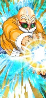 Anime character emitting energy in colorful action scene.