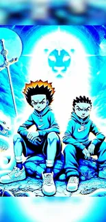 Anime duo with a blue vibrant background.