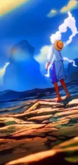 Dynamic anime character on vibrant, colorful landscape with dramatic sky.