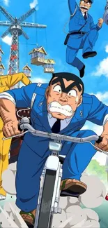 Anime characters biking through vibrant city.