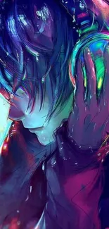 Vibrant anime character with headphones in colorful style.