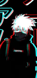 Anime character with glitch effect on black background.