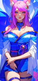 Anime angelic character with pink hair and blue attire.