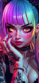 Anime portrait with colorful hair and tattoos.
