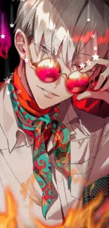 Vibrant anime character with red sunglasses and scarf.