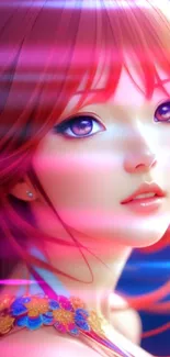 Anime character with vibrant red hair, soft gaze, colorful background.