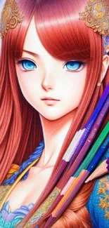 Anime girl with colorful pencils illustration.