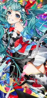 Anime character with teal hair and colorful attire on a vibrant background.