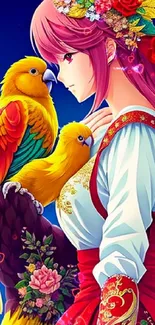 Colorful anime character with parrots and flowers in vibrant setting.