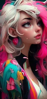 Anime character with vibrant pink hair and colorful design.