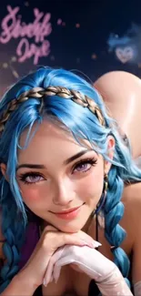 Anime character with blue hair and tattoos in a vibrant artwork.