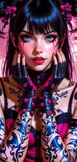 Vibrant anime character with tattoos on a pink background.