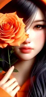 Anime art wallpaper with orange rose and girl wearing a hood.