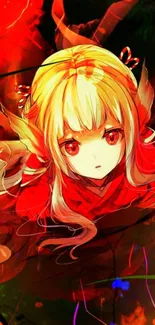 Anime character artwork with vibrant red and yellow colors on wallpaper.