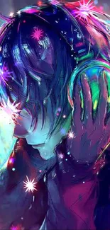 Vibrant anime art with neon hues and character wearing headphones.